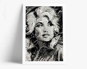 Plakat Dolly Parton | Wydruk artystyczny legendy muzyki country | Kolaż z gazet i magazynów