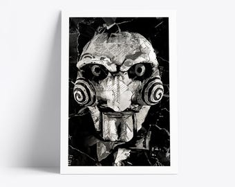 Plakat z puzzlami | Wydruk artystyczny z ikoną horroru | Kolaż z gazet i magazynów na Halloween