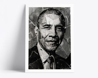 Plakat Baracka Obamy | Wydruk artystyczny Prezydenta Stanów Zjednoczonych | Kolaż z gazet i magazynów