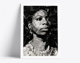 May include: Black and white art print of a woman's face, created using torn paper collage. The portrait features a thoughtful expression, with details of the face constructed from various paper textures and printed text. The artwork is framed in a white border.