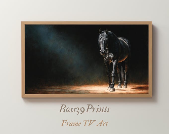 Moody Black Horse Oil Painting, Dramatic Equestrian Wall Art (Digital File)
