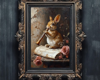 Rabbit Flute Vintage Oil Painting Printable Wall Art | Dark Academia Gothic Print