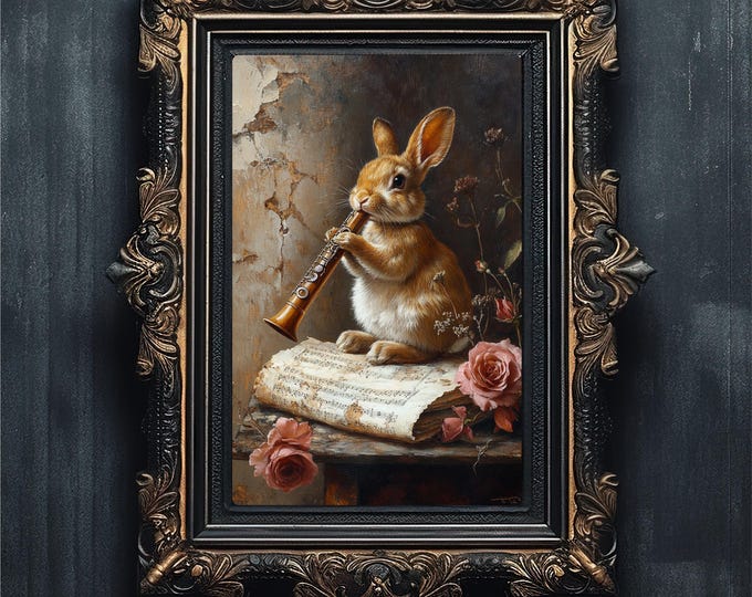 Rabbit Flute Vintage Oil Painting Printable Wall Art | Dark Academia Gothic Print