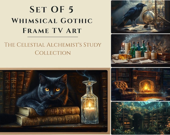 Wizard Samsung Frame TV Art Set of 5 | Dark Academia Witchy Library Wallpaper