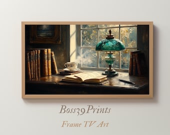 Cozy Bankers Lamp Samsung Frame TV Art | Dark Academia Sunbeam Library Wallpaper