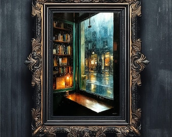 Cozy Bookstore Rainy Day Window Oil Painting Print (Digital Download)