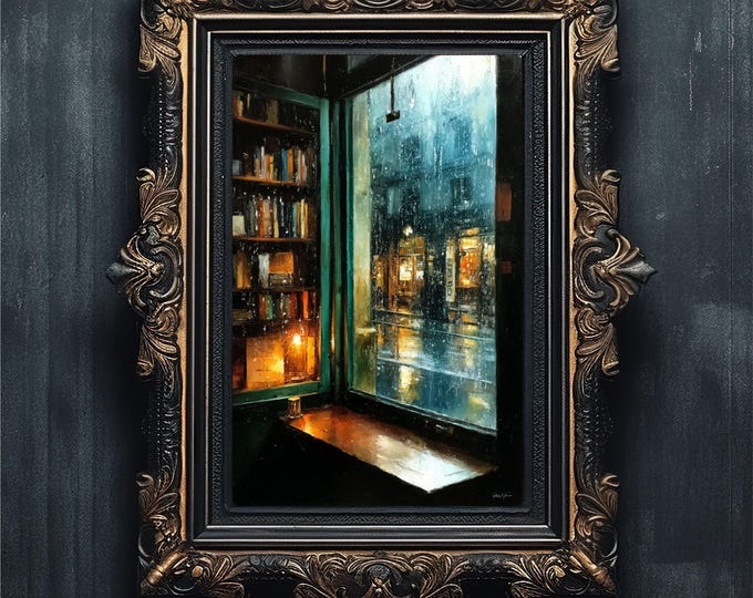 Cozy Bookstore Rainy Day Window Oil Painting Print (Digital Download)