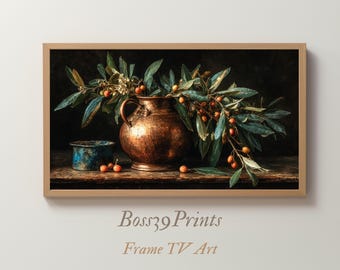 Moody Olive Branch Still Life | Vintage Copper Vase Frame TV Art