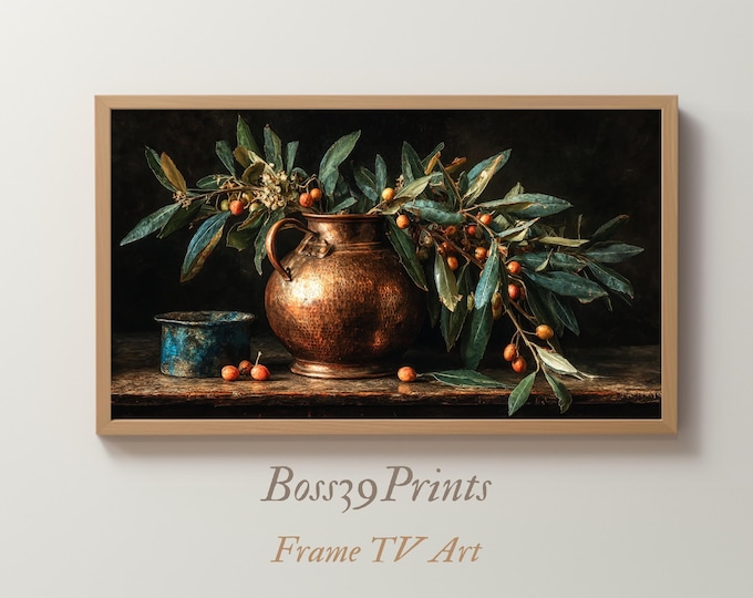 Moody Olive Branch Still Life | Vintage Copper Vase Frame TV Art