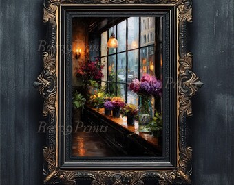 Rainy Day Flower Shop Painting, Moody Floral Cityscape (Digital Download)