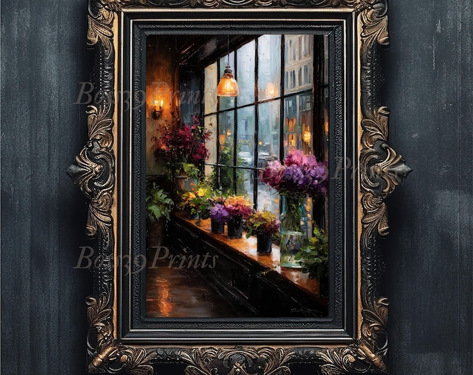 Rainy Day Flower Shop Painting, Moody Floral Cityscape (Digital Download)