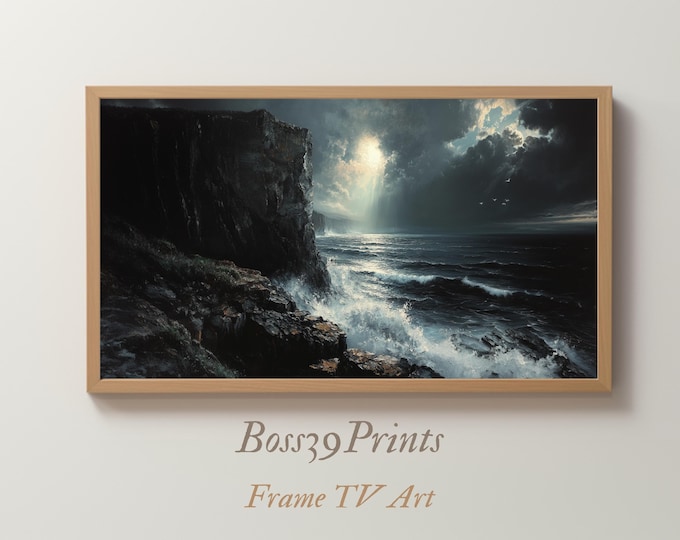 Moody Coastal Samsung Frame TV Art | Stormy Ocean Seascape | Dark Sea Cliff Wallpaper