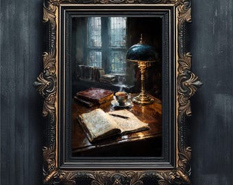 Dark Academia Desk Print, Moody Vintage Oil Painting (Digital Download)