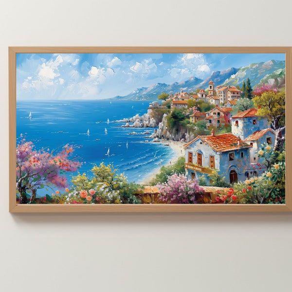 Mediterranean Coastal Town Oil Painting, Spring Blossoms & Sea View, Frame TV art, Digital Download #7-7