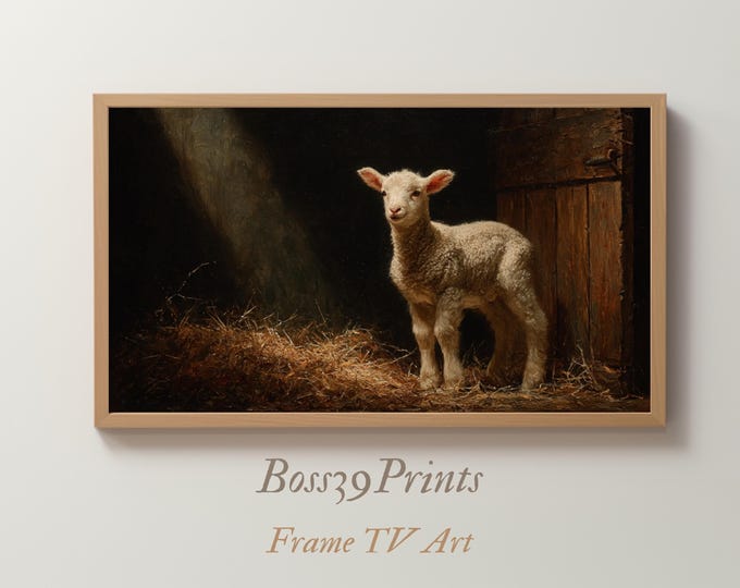 Vintage Lamb Oil Painting, Rustic Farmhouse Spring Decor (Digital Download for Frame TV)