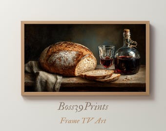Vintage Bread and Wine Oil Painting | Moody Kitchen Wall Art | Rustic Dining Decor