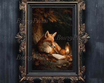 Fox Reading Book Oil Painting Print, Dark Academia Cottagecore Decor (Digital Download)