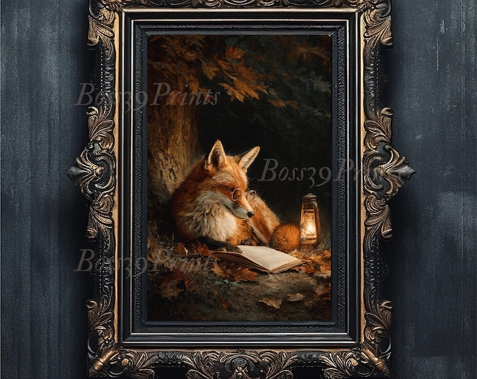 Fox Reading Book Oil Painting Print, Dark Academia Cottagecore Decor (Digital Download)