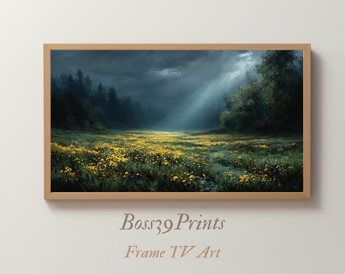Moody Spring Meadow Print, Yellow Wildflower Landscape, Vintage Sunbeam Forest, Rustic Frame TV Decor