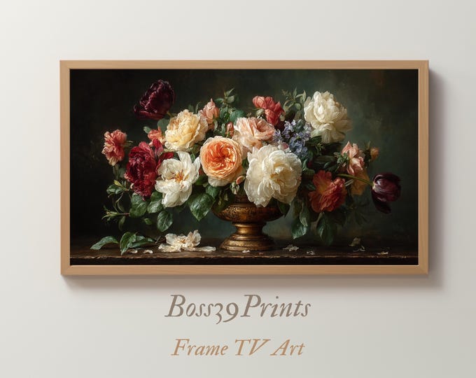 Dutch Floral TV Art, Moody Botanical Painting, Vintage Oil Painting, Dark Academia Decor