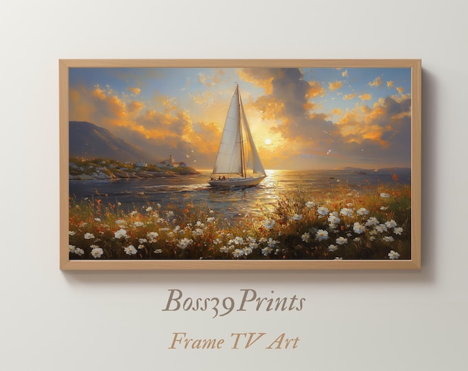 Vintage Sailboat Frame TV Art | Moody Sunset Coastal Decor | Nautical Smart TV Wallpaper