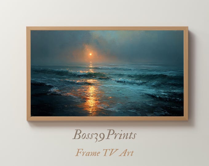 Moody Ocean Mist Oil Painting, Golden Sunrise Coastal Seascape (Digital Download)