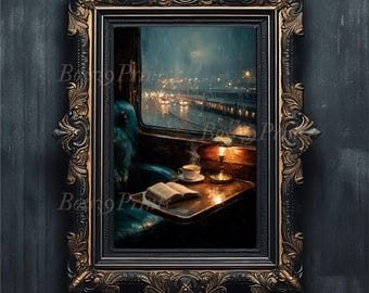 Dark Academia Train Window Print, Rainy Station, Moody Oil Painting (Digital Download)