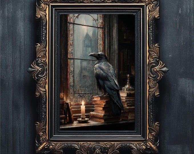 Raven in Library Gothic Art Print, Dark Academia Decor (Digital Download)