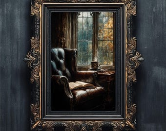 Leather Chair Rainy Day Print, Dark Academia Oil Painting (Digital Download)