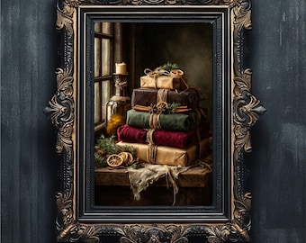 Moody Christmas Gift Art | Vintage Holiday Still Life | Rustic Wrapping Print #5-023