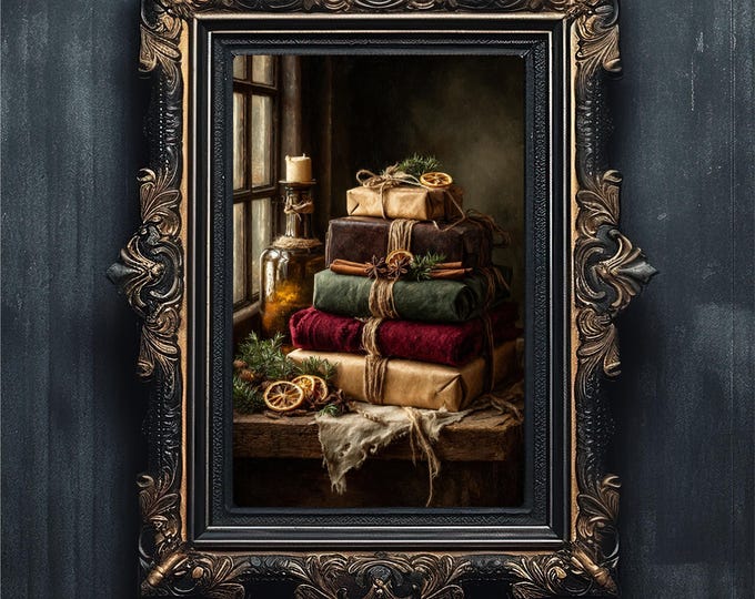 Moody Christmas Gift Art | Vintage Holiday Still Life | Rustic Wrapping Print #5-023