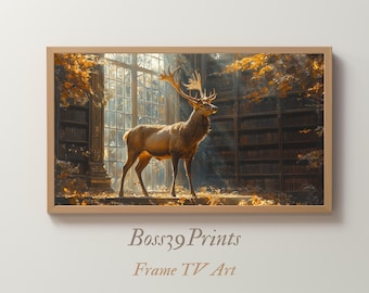 Cozy Autumn Deer Samsung Frame TV Art | Dark Academia Library Wallpaper