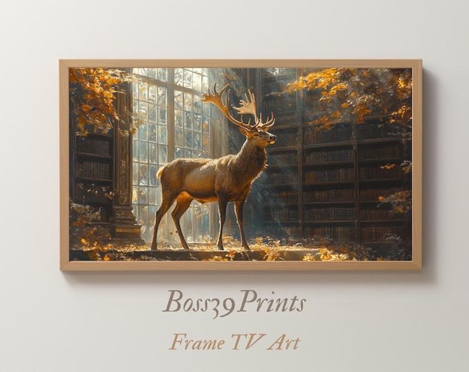 Cozy Autumn Deer Samsung Frame TV Art | Dark Academia Library Wallpaper