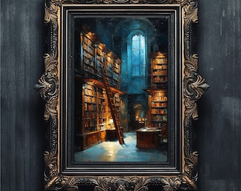 Dark Academia Library Painting, Moody Bookshelf Art (Digital Download)