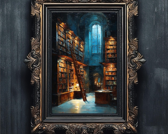 Dark Academia Library Painting, Moody Bookshelf Art (Digital Download)