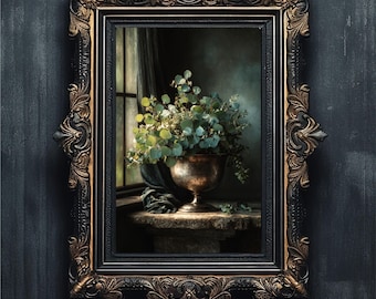 Moody Bathroom Wall Art | Vintage Silver Eucalyptus Still Life Oil Painting