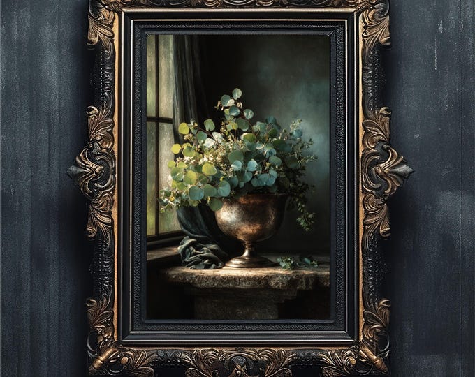 Moody Bathroom Wall Art | Vintage Silver Eucalyptus Still Life Oil Painting