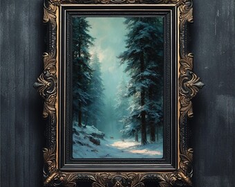 Vintage Winter Forest Print | Moody Misty Landscape | Deer Oil Painting | Serene Nature ArtDescription