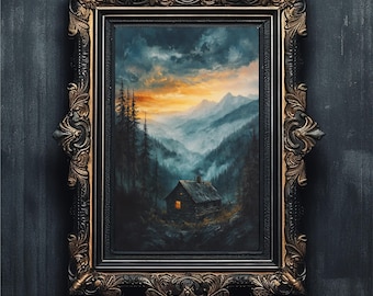Moody Alpine Landscape Oil Painting | Mountain Cabin Wall Art | Dark Forest Seascape Print
