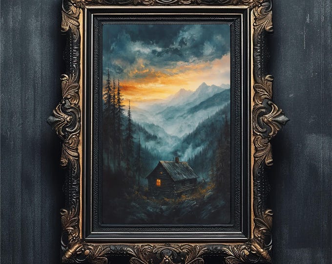Moody Alpine Landscape Oil Painting | Mountain Cabin Wall Art | Dark Forest Seascape Print