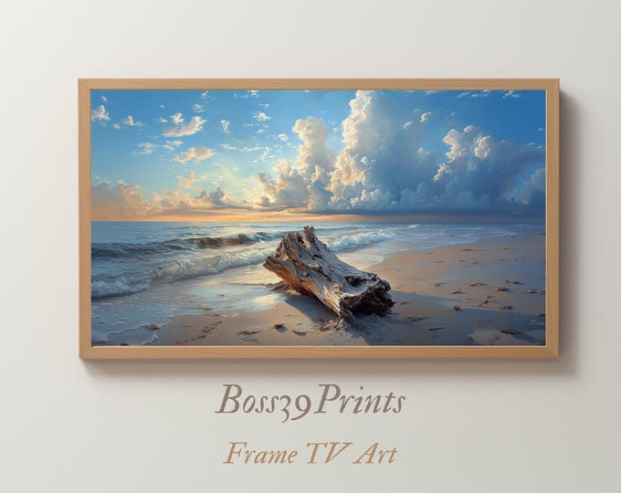 Moody Driftwood Beach Frame TV Art | Coastal Twilight Digital Oil Painting (16:9)