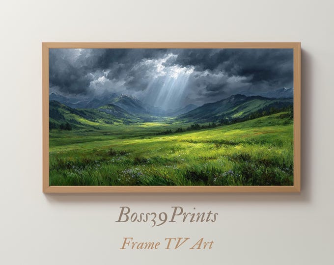 Moody Spring Landscape, Stormy Meadow Print, Vintage Sunbeam Valley, Rustic Frame TV Decor