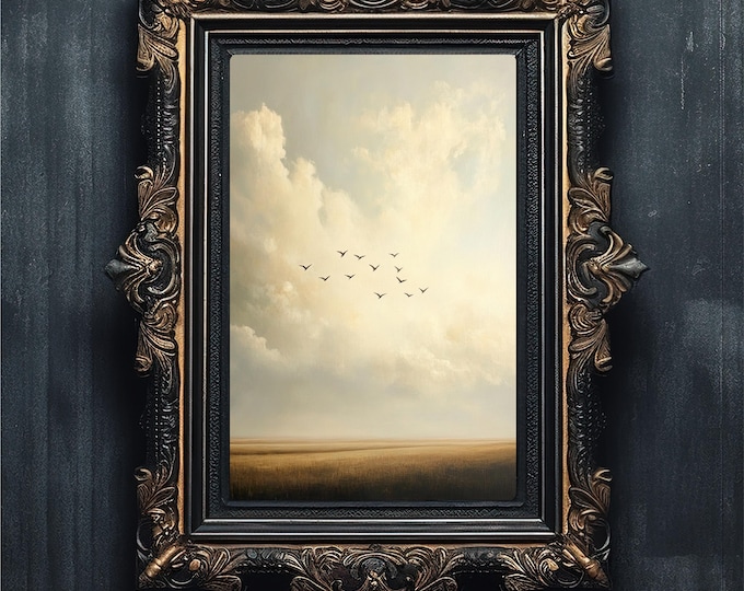 Minimalist Bird Flight Oil Painting | Moody Sky Wall Art | Nostalgic Nature Print