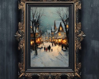 Vintage Christmas Village Print | Cozy Winter Street Art | Magical Holiday Night | Festive Decor