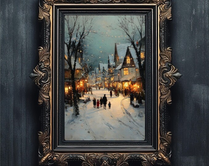 Vintage Christmas Village Print | Cozy Winter Street Art | Magical Holiday Night | Festive Decor