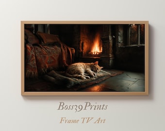 Cozy Cat by Fireplace, Moody Frame TV Art (Digital Download)