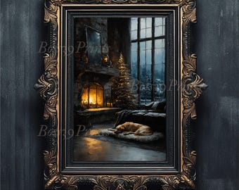 Moody Christmas Dog Print, Vintage Fireplace Scene (Digital Download)