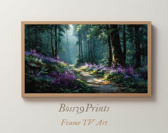 Moody Forest Oil Painting Frame TV Art, Bluebell Woods Landscape, Forest Path (Digital Download)