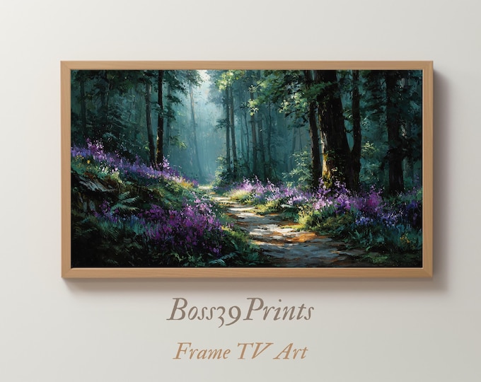 Moody Forest Oil Painting Frame TV Art, Bluebell Woods Landscape, Forest Path (Digital Download)