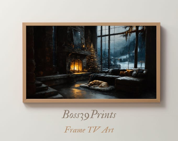 Christmas Fireplace TV Art, Golden Retriever, Cozy Holiday Screensaver (Digital Download)